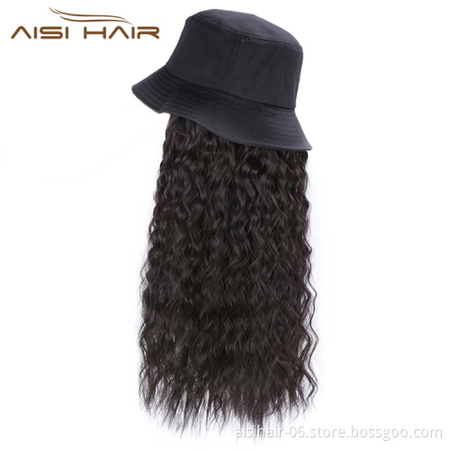 Aisi Hair Outdoor Hat Black Water Wave Wig Party Knit Slouchy Hat Synthetic Fiber Hair Extension With Black Bucket Hat For Women